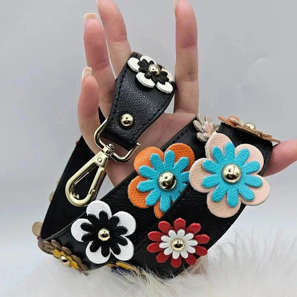 💯% Genuine Leather Black  Floral Bag Strap - Picture 1 of 8